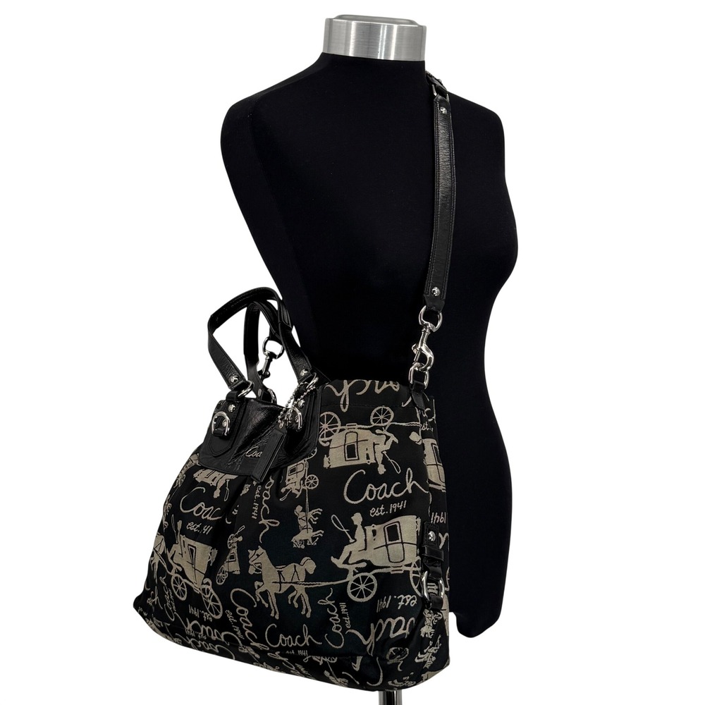 Coach Horse and Carriage Mia Maggie Black Jacquard Shoulder Tote Bag F15556